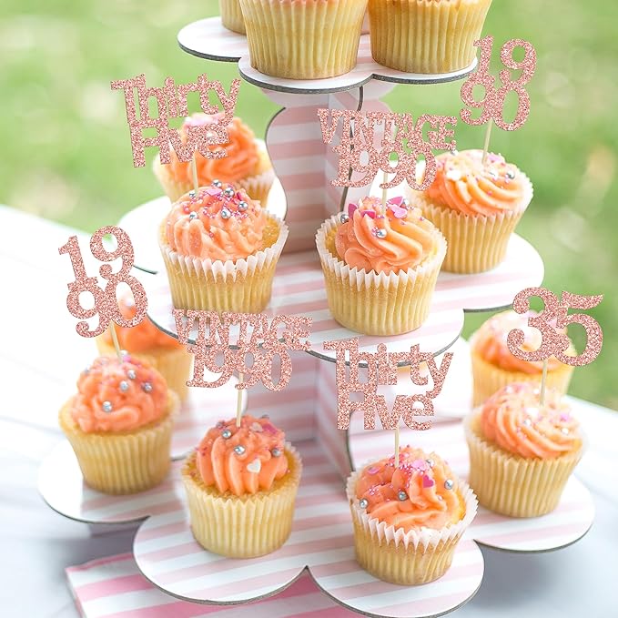 Gyufise 24Pcs Happy 35th Birthday Cupcake Toppers Glitter Thirty Five 35 Fabulous Vintage 1990 Cupcake Picks for 30th Birthday Wedding Anniversary Party Cake Decorations Supplies Rose Gold