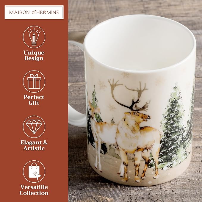 Maison d' Hermine Coffee Mug with Handles Fine Bone China Mugs Pack of One Tea Cups for Hot Beverages Cappuccino Latte Home Office Perfect for Gift (Deer In The Woods - Forest Deer, 12 Ounce)