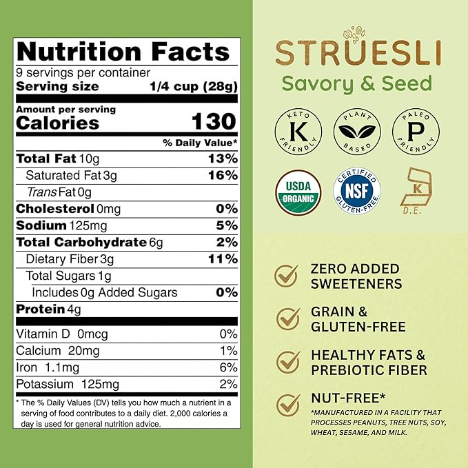 Struesli Savory + Seed Organic Granola, Nut, Grain & Gluten Free, Healthy Snacks with Pumpkin, Sunflower & Chia Seeds, Hemp Hearts, Flax, Tiger Nuts & Sea Salt, Plant Based, Keto & Paleo, 9 Oz, 2 Pack