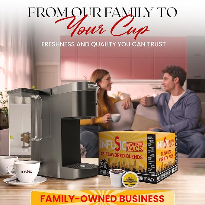 InfuSio Flavored Coffee Pods Variety Pack – 96 Count, 12 Gourmet Medium Roast Dessert-Inspired Blends like Bananas Foster & Crème Brûlée, Compatible with Keurig K-Cup 2.0 Brewers