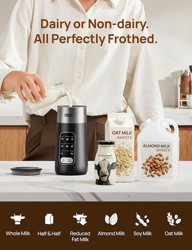Dreo Milk Frother, 8-in-1 Electric Frother for Latte Art Coffee, 9oz/270ml Warm and Cold Foam Automatic Frothers for Dairy and Non-Dairy Milk, LED, Easy to Clean, BaristaMaker Air
