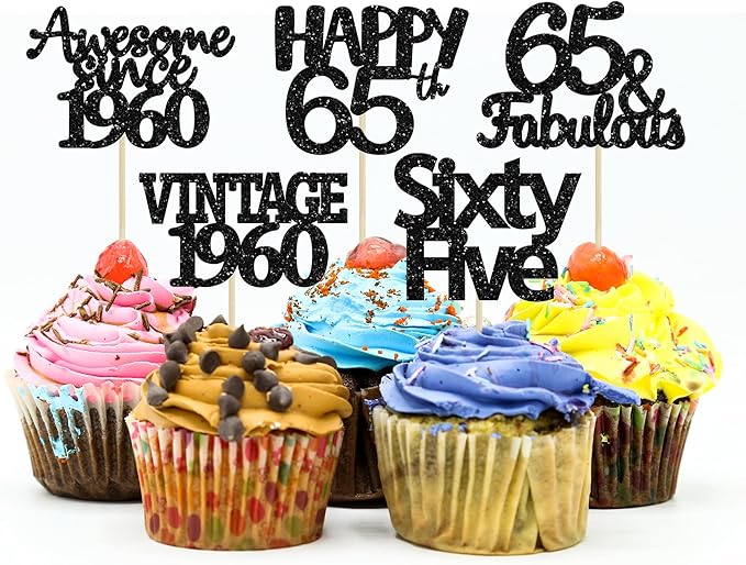 Gyufise 30 Pack Gold Glitter 65th Birthday Cupcake Toppers Vintage 1960 Cake Toppers Hello 65 Cake Topper Sixty Five 65 & Fabulous Cupcake Picks 65th Birthday Cake Decorations Supplies