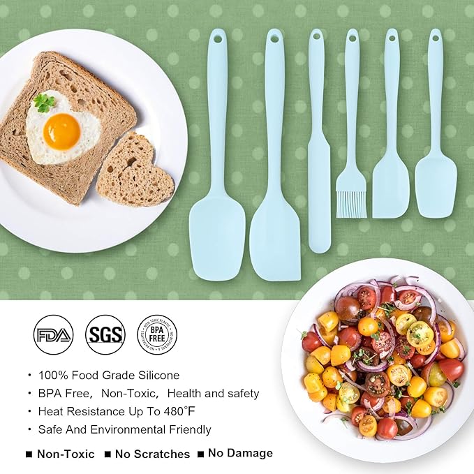 Heat Resistant Silicone Spatulas Set Food Grade Silicone Seamless One Piece Design BPA-Free,Non-Stick,Dishwasher Safe,Cooking and Mixing Set of 6PCS-Blue (Blue)