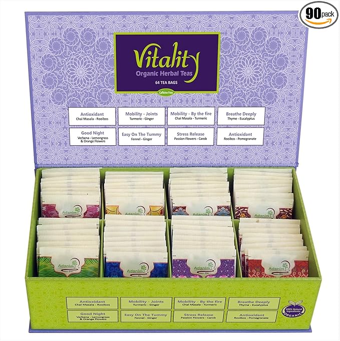 Adanim Bio Vitality Organic Tea Sampler Gift Set Box (8 Flavors Herbal Tea Variety Pack, 64 Individual Tea Bags) Caffeine Free Tea Sets, Assorted Tea Set, Tea Gifts for Tea Lovers