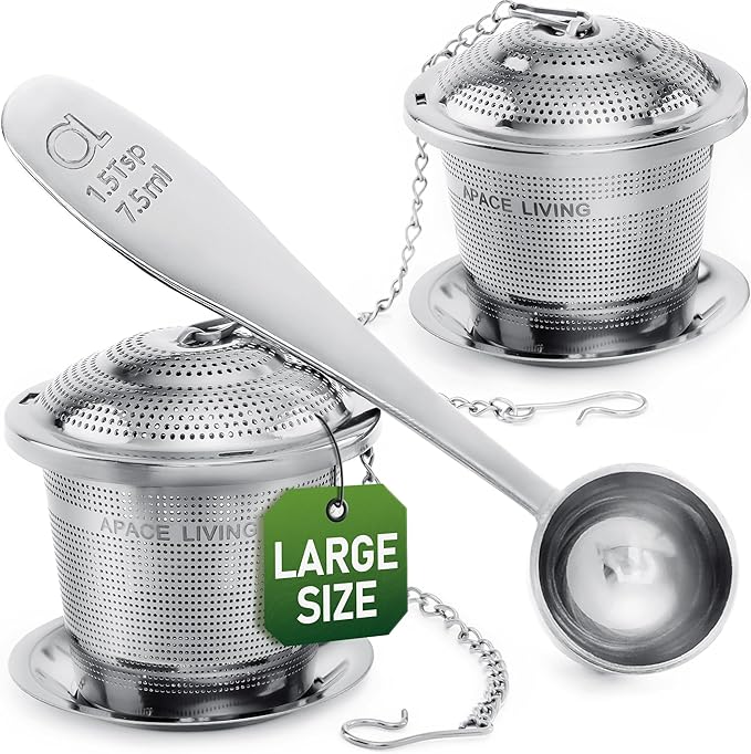 Large Tea Infuser (Set of 2) with Tea Scoop and Drip Trays by Apace – Multi Cup Size Stainless Steel Loose Leaf Tea Strainer and Steeper