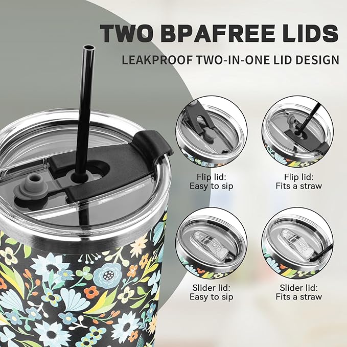 40 oz Tumbler with Lids and Straws, Stainless Steel Insulated Coffee Tumbler, Double Wall Vacuum Insulated Travel Mug Cup, Leakproof Thermal Coffee Cup for Hot and Cold Drinks (Blue Flower)