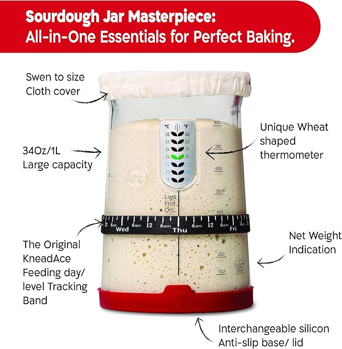 KNEADACE Pro Sourdough Starter Kit - 34oz Large Capacity Glass Fermentation Jar with Lid & Tracker, Sourdough Starter Fermenter for Homemade Sourdough, Bread Dough Prep & Culinary Fermentation, 2 Pack