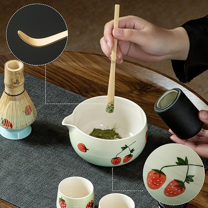Matcha Whisk Set, Cute Strawberry Matcha Bowl Set with 2 Cups, Bamboo Whisk, Scoop & Holder, Matcha Kit Gift for Tea Lovers and Tea Ceremony, Birthday, Anniversary