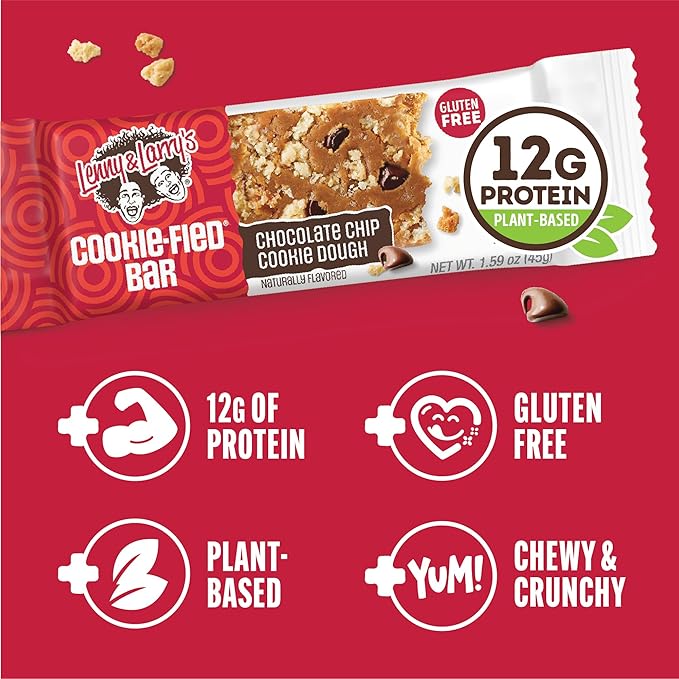 Lenny & Larry's Cookie-fied Bar – Chocolate Chip Cookie Dough Vegan Protein Bars 9x45g – Healthy Snacks with 12g Plant Protein & 5g Fiber – Gluten free Power Bar, Keto Friendly, Non-GMO & Vegan