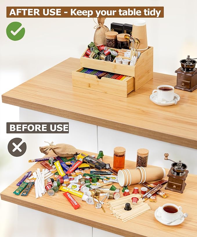 Coffee Bar Organizer Countertop with Drawer, Cafe Station Storage for Bar Accessories,Bamboo Espresso Bar Decor Holder for Bar Decor,Bamboo