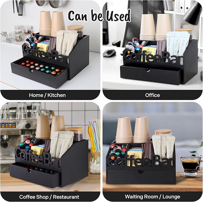 Coffee Bar Organizer for Countertop – Wooden Coffee Station with Black Drawer, Tea and K Cup Storage Rack, Coffee Pod Holder for Home and Office Counter Organization