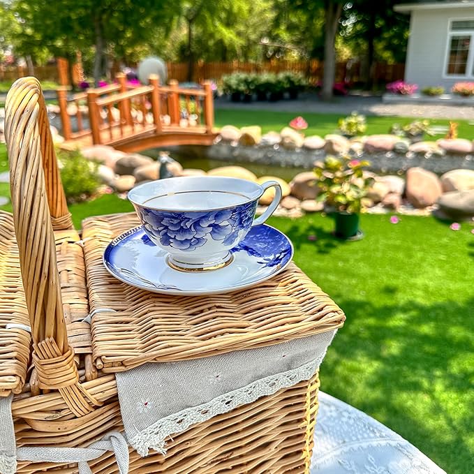 ACMLIFE Bone China Tea Sets, Blue and Gold Tea Set for Adults Porcelain Tea Cup Set, Cup and Saucer Set Vintage Floral for Women Party or Christmas Gifts Giving (china blue)