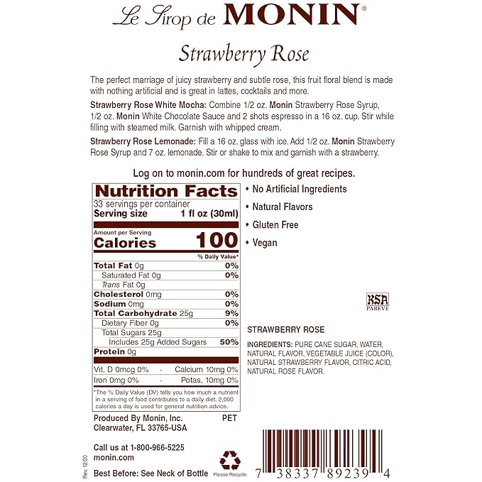 Monin - Strawberry Rose Syrup, Natural Flavoring for Coffee, Lattes, Teas, Lemonades, Cocktails, and More (1 Liter)