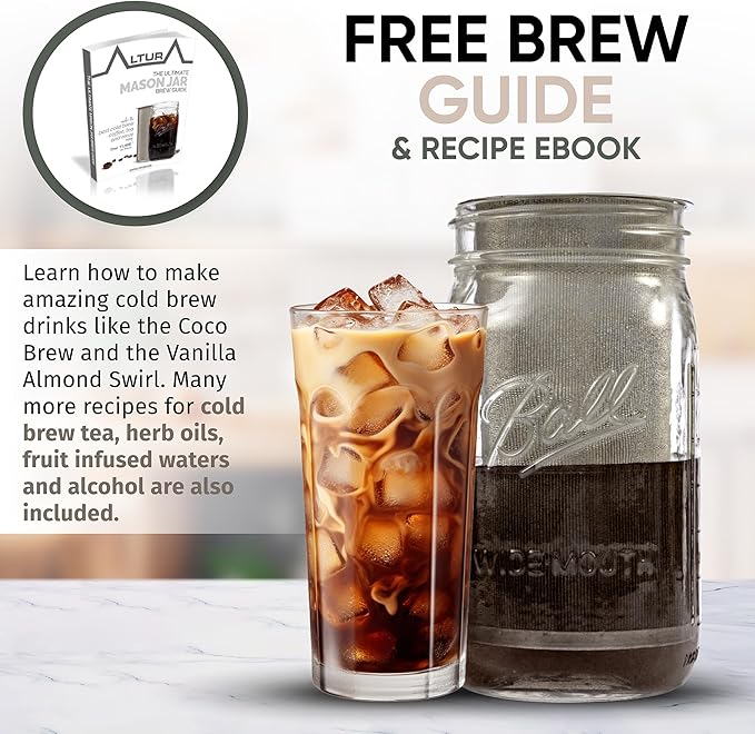 Altura The TUBE Cold Brew Coffee Maker and Tea Infuser for Wide Mouth Mason Jars - Stainless Steel Cold Brew Filter Strainer for Iced Coffee, Fruit Water & More - (32oz/1qt)