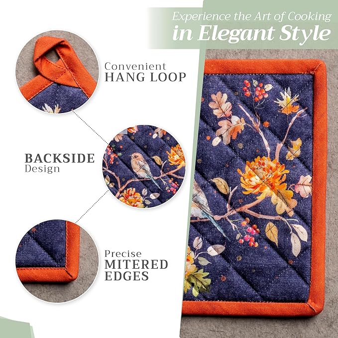 Maison d' Hermine Pot Holders Set 100% Cotton Heat Resistant Potholders 8" x 8" Hot Pads with Loop BBQ, Cooking, Baking, Grilling, Kitchen, Handling Hot Pans (Pack of 2, Kelim - Infinity)
