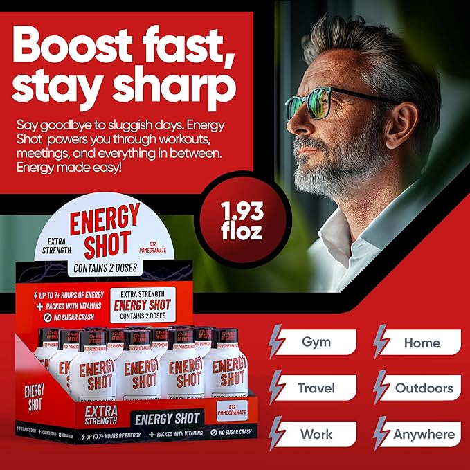 B12 Açaí Pomegranate Extra Strength Energy Shot 24 pk – 260mg Natural Caffeine B12 B6 – Energy & Vitality Support – 2 Servings Sugar Free Zero Calorie Green Tea B-Vitamins Electrolytes Vegan – 1.93 fl oz