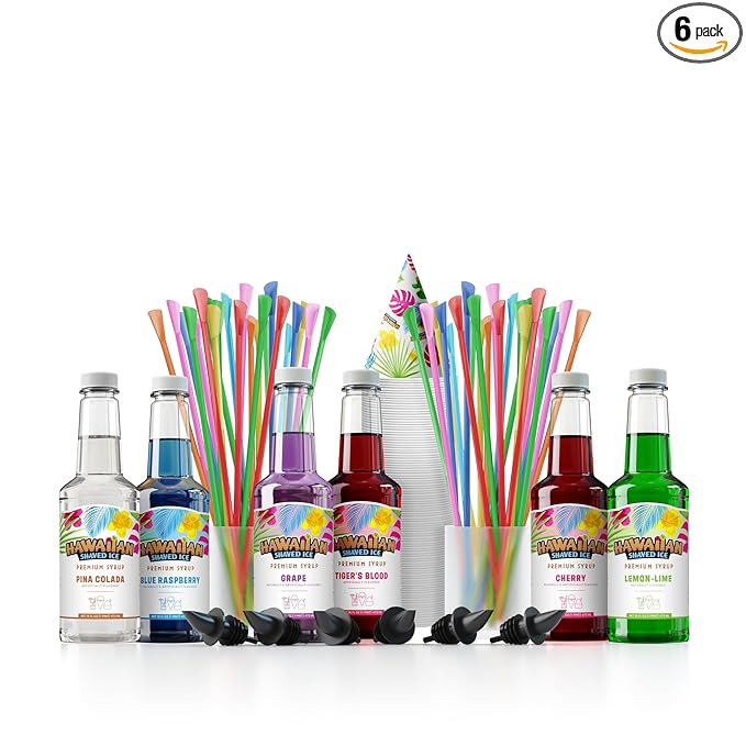 Hawaiian Shaved Ice Syrup Assortment with 6 - 16oz Bottles, 50 Snow Cone Cups, Spoon Straws, and Pouring Spouts. Flavors: Tiger’s Blood, Pina Colada, Blue Raspberry, Grape, Cherry, Lemon-Lime