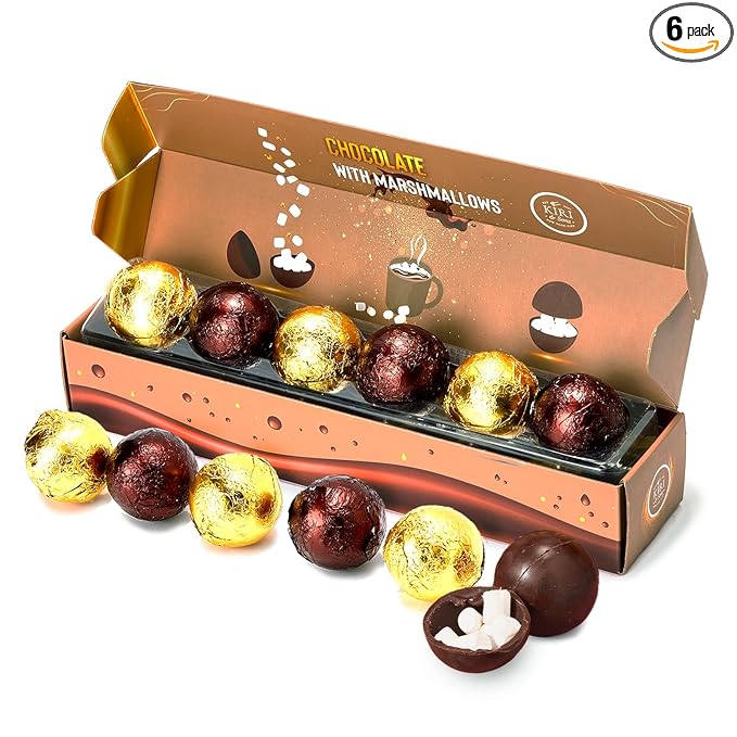 Hot Chocolate Boms Marshmallow Balls - Set of 6 - Delicious Cocoa Melts Bom Filled Marshmallows - 2 Flavors Caramel & Fudge Brownie Candy - Classic Milk Chocolates Cocoa Melt Gift - Delicious Gifts