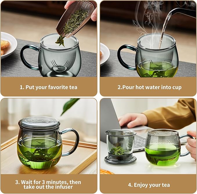 Glass Tea Cup with Infuser and Lid, 17.6oz/520ml Large Borosilicate Teacup, Clear Mug for Loose Leaf Tea, Blooming Tea, Tea Bags - Perfect Christmas or Birthday Gift for Men