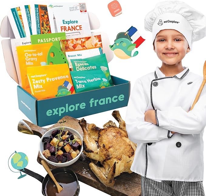 eat2explore Cooking Kits for Kids – Interactive & Educational Kids Cooking Sets Real for Ages 5 and Up,3 Recipe Cards & Global Ingredients – Fun Gift for Young Chefs (France Edition)