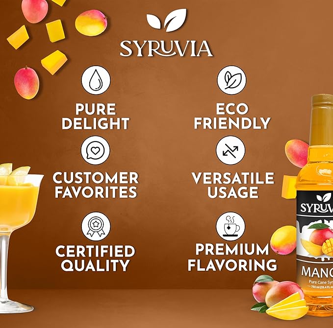 Syruvia Mango Syrup - Premium Flavoring Syrup for Tea, Italian Sodas, Beverages, Desserts, Ice Cream, Cocktails & Mocktails - Kosher, Gluten Free - 25.4 fl oz.