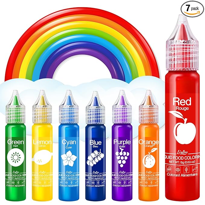 Food Coloring Set - Rainbow Edible Food Color Dye for Baking, Cake Decorating, Royal Icing, Cookie, Fondant and Macaron - 7 x 15g Food Grade Liquid Food Coloring Kit for DIY Slime and Crafts Making