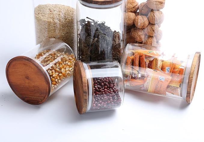 KKC HOME ACCENTS Clear Borosilicate Glass Storage Canister with Airtight Wood Lids,Air Tight Sealed Glass Jar for Loose Leaf Tea,Grinder Coffee,Coffee Beans,Matcha,39 Fluid Ounces