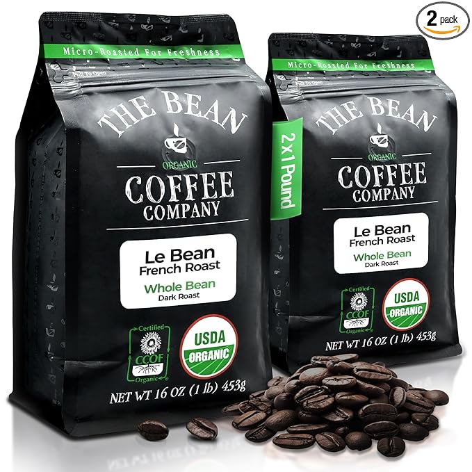 The Bean Organic Coffee Company Le Bean, Dark French Roast, Whole Bean Coffee, 16-Ounce Bags (Pack of 2)
