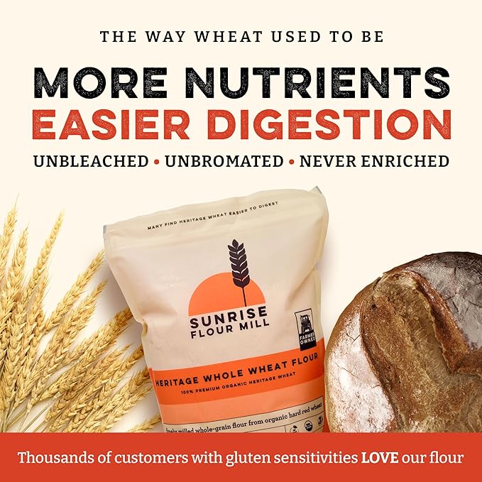 Sunrise Flour Mill Heritage Organic Whole Wheat Flour - 5 lbs | Milled from red hard wheat within 10 Days | Easier to Digest with Less Bloating | No Bleaching | Organic whole wheat bread flour