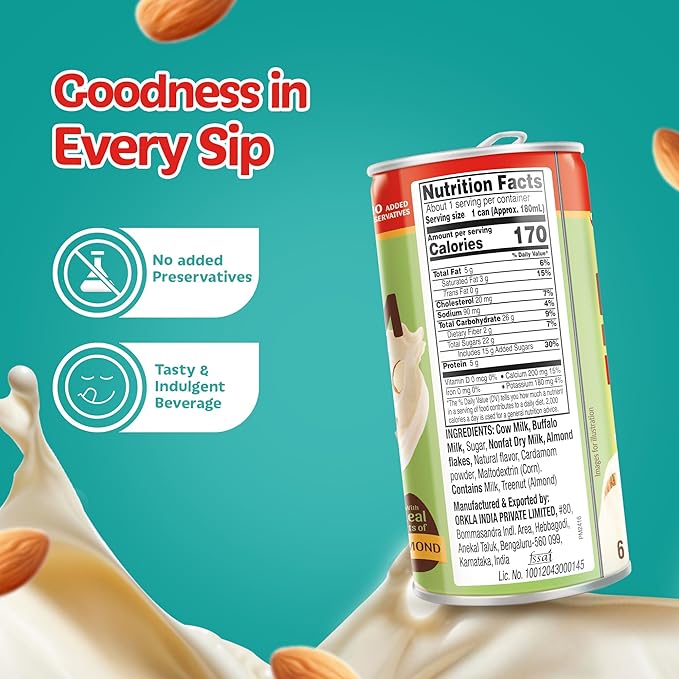 MTR Badam Drink - Cardamom Flavored, Ready-to-Drink - Authentic Indian Almond Milk Beverage, Real Bits of Almond, No Added Preservatives, Gluten-Free, Refreshing Drink, Perfect for Anytime Refreshment, Pack of 6