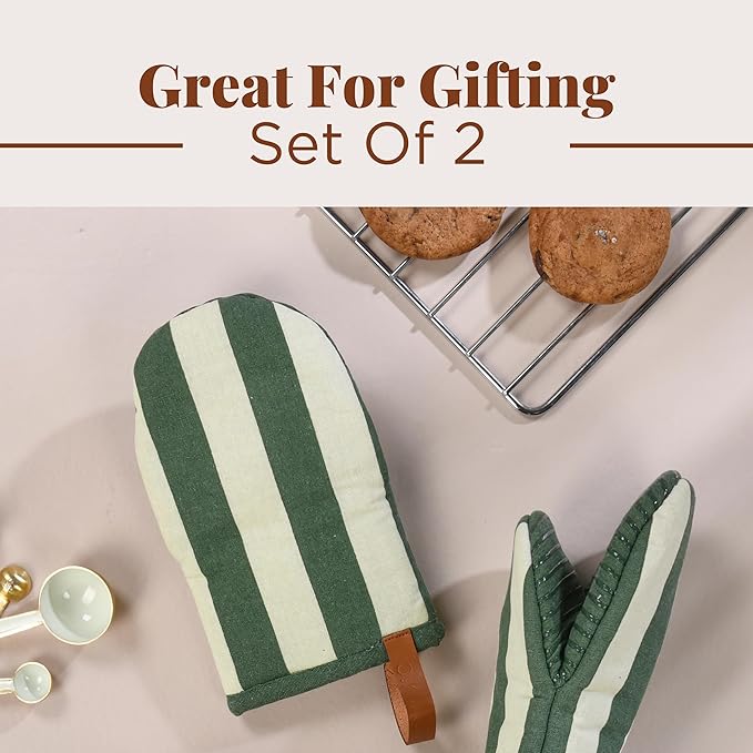 Folkulture Mini Oven Mitts Heat Resistant | (5.75 x9) Set of 2 Green Short Oven Mitts with Hanging Loop | 100% Cotton Oven Gloves | Kitchen Mittens, Matcha Small Silicone Oven Mits