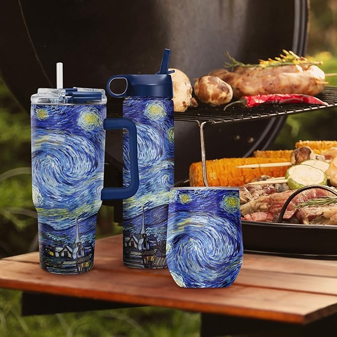 RainCaper 18/8 Stainless Steel Insulated Water Tumbler with Straw | 30oz, BPA-Free, Double Wall for Hot & Cold | Travel-Friendly, Cup Holder Ready (van Gogh Starry Night)