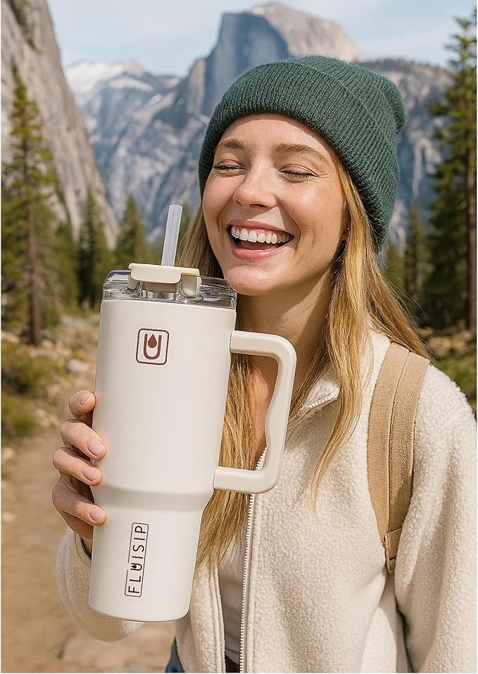 40 oz Insulated Tumbler with Handle, Stainless Steel, Leakproof Lid and Straw, Cup Holder Friendly (Cream)