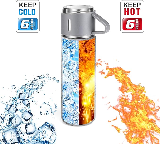 Stainless Steel Thermo 16.9oz Vacuum Insulated Bottle with Cup for Coffee Hot drink and Cold drink water flask.(Gray,Single)