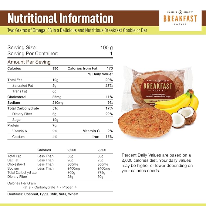 Susie's Smart Breakfast Cookie Healthy Omega-3s and Protein rich Soft Chewy Home-baked Cookie, Coconut/Banana, 3.57 Ounce (Pack of 18), 64.26 Ounce