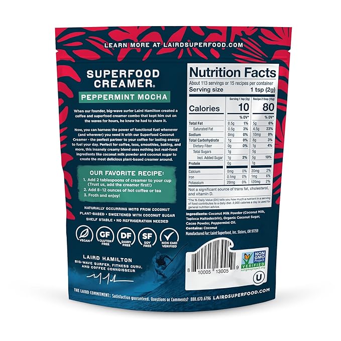 Laird Superfood Non-Dairy Original Superfood Peppermint Mocha Coconut Powder Coffee Creamer, Gluten Free, Non-GMO, Vegan, 8 oz. Bag, Pack of 1