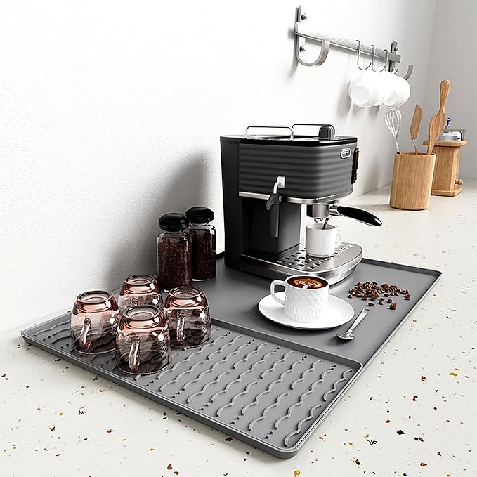 Silicone Coffee Mat, 24 x 16 Inch Non-Slip Heat Resistant, Large and Small Combination Bar Mat, Convex Edge Spill Resistant Design for Coffee Machines and Kitchen Countertops,Wavy Gray