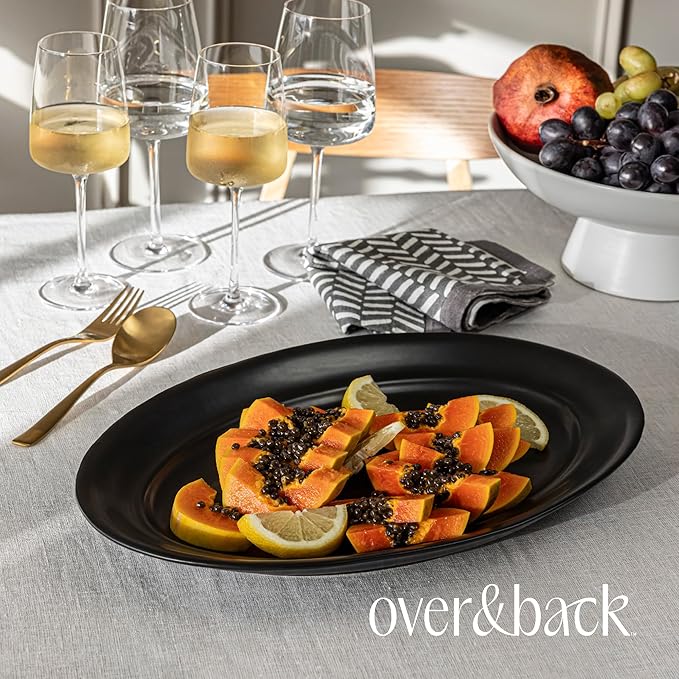 over&back Rim Stoneware Serving Platter - Elegant 1-Piece Oval Serving Platter to Complete Your Kitchen Set - 16" L x 10.8" W Semi-Matte Black