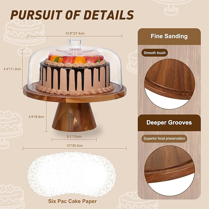Bellsal Acacia Wood Cake Stand with Clear Acrylic Lid Dome Cover, 12in Cake Plate with Dome, Cake Display Stand with Cover, Cake Holder for Baking Gifts, Birthday Kitchen Party, Wedding