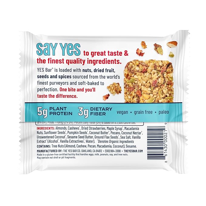 The YES Bar – Strawberry Coconut – Plant Based Protein, Decadent Snack Bar – Vegan, Paleo, Gluten Free, Dairy Free, Low Sugar, Healthy Snack, Breakfast, Low Carb, Keto Friendly (24 Count)