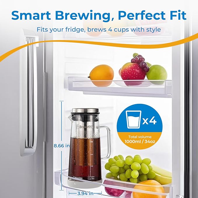 BrewMOO- Airtight Cold Brew Coffee Maker Pitcher, 1.0L/34Oz Thick Glass Carafe with Filter, Comfort Sturdy Handle & Wide Spout, Non-Slip Base | Iced Tea Maker (Grey)