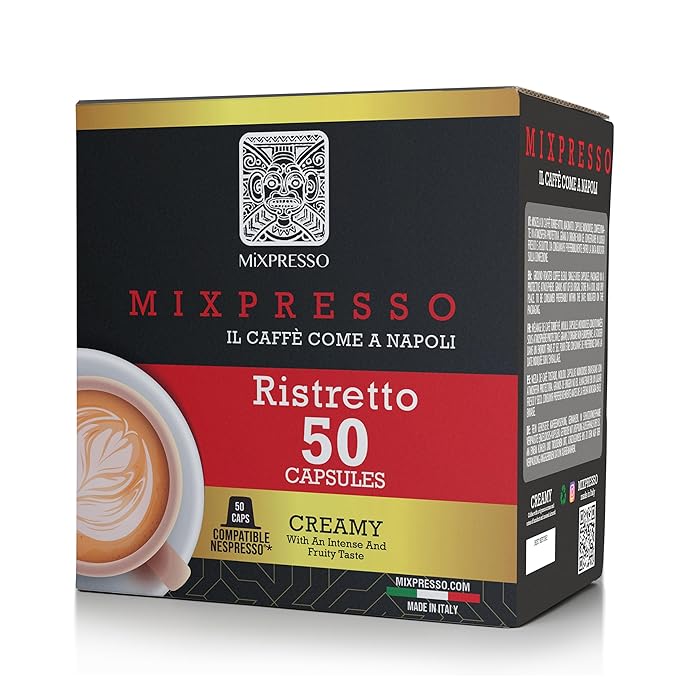 Mixpresso Coffee Ristretto Espresso Capsules Compatible With Nespresso Original Brewers, Single Cup Coffee Pods 100% from Italy Dark Roast 80% Arabica Espresso, 50 Count Coffee Capsule Intensity 12/12