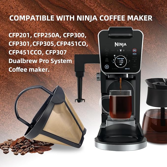 Coffee Permanent Filter for Ninja CFP Dual Brew Models, Reusable Gold Tone Coffee Filter Basket Compatible with Ninja Coffee Makers CFP201 CFP300 CFP301 CFP305 CFP307 (1 Pack)