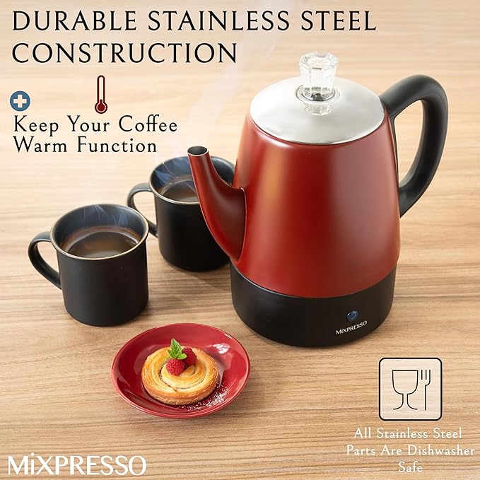 Mixpresso Red Small Percolator Coffee Pot Electric 4 Cup, Stainless Steel Coffee Maker, Coffee Percolator Electric With Keep Warm Function, 4 Cups Stainless Steel Perculator With Basket