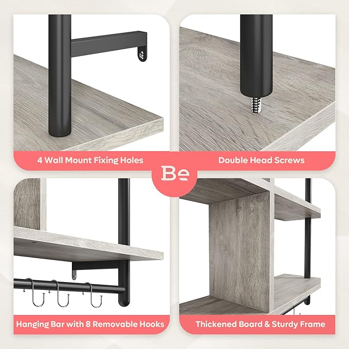 Bestier 41.5" Floating Pipe Shelving Kitchen Shelves Wall Mounted 3 Tier Ladder Shelf Hanging with Circular Tube Display Bookshelf Storage for Living Room Kitchen Balcony, Retro Grey