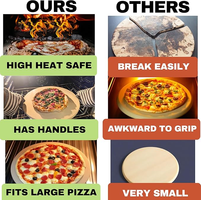 Large Pizza Stone for Oven 16 inch - Round Pizza Stone for Grill with Handles, Wood Pizza Peel and Cutter Set - Baking Stone for Bread - Pizza Making Kit Accessories - Gifts for Food Lovers