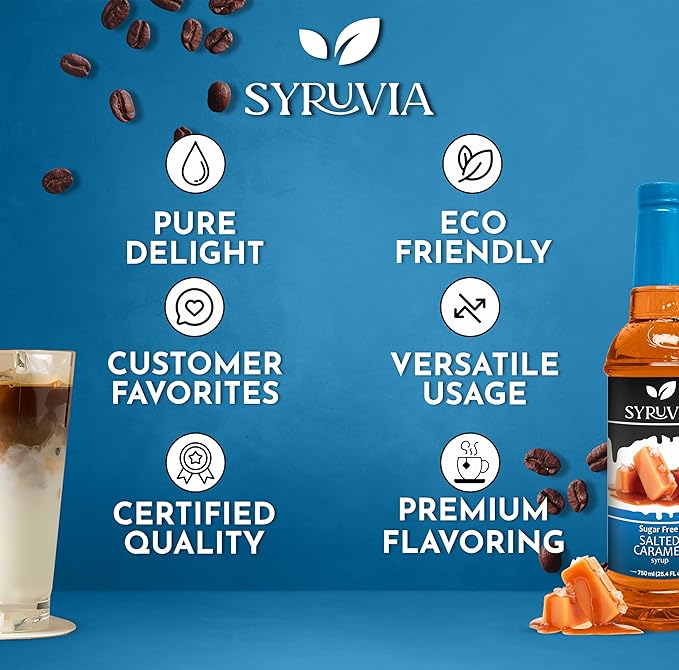 Syruvia Sugar Free Coffee Syrup, Salted Caramel Flavored Syrup for Drinks, Lattes, and Desserts – 25.4 fl oz, With Pump