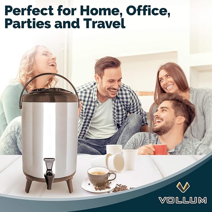 Stainless Steel Insulated Beverage Dispenser – Insulated Thermal Hot and Cold Coffee Carafe – 12 Liter Drink Dispenser with Spigot for Hot Water, Tea & Coffee, Cold Milk, Juice & More BROWN