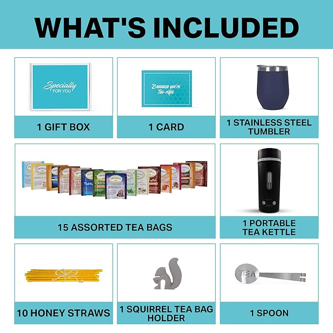 Modern Elegance Tea Set with Portable Kettle – 31-Piece Collection Featuring an Insulated Mug, Decaf Teas, Honey Sticks & Accessories (Decaffeinated)