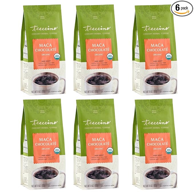 Teeccino Maca Chocolaté Chicory Coffee Alternative - Ground Herbal Coffee That’s Prebiotic, Caffeine Free & Acid Free, Dark Roast, 11 Ounce (Pack of 6)
